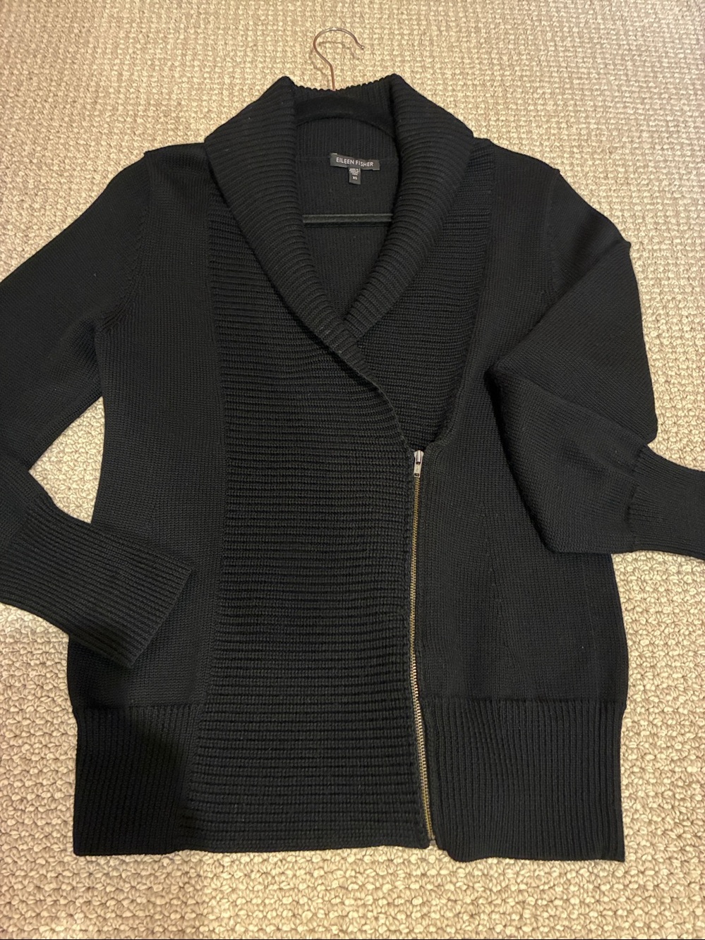 EUC Eileen Fisher Black Shawl-Collar Zip-Front Sweater.  Size XS. Measurements